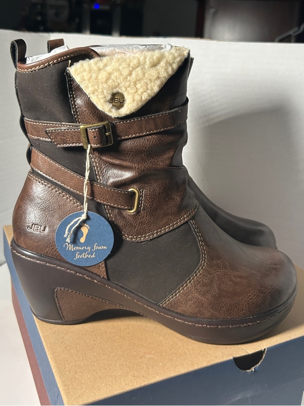 JBU Brown Faux-Shearling Mid-Calf Wedge Boots